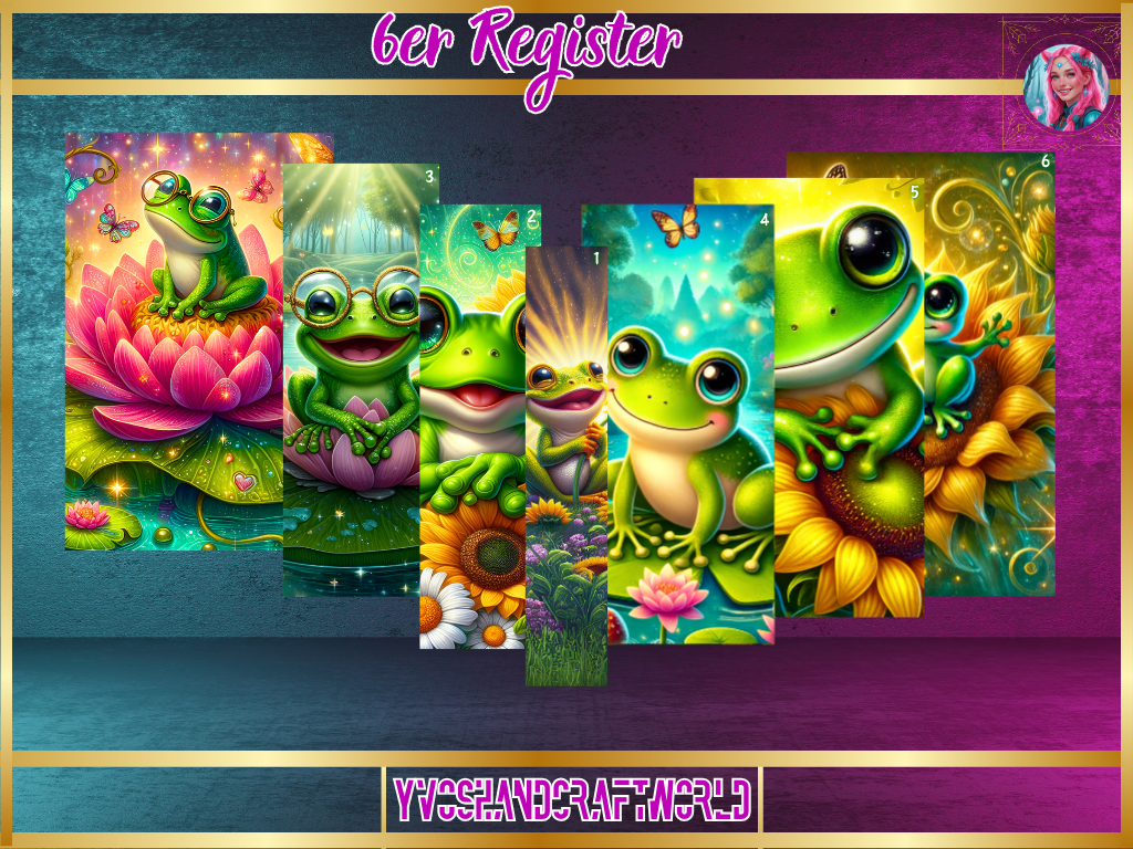 Sechs Magic Frog Register in bunten Farben, perfekt für kreative Bastel- und Schulprojekte.