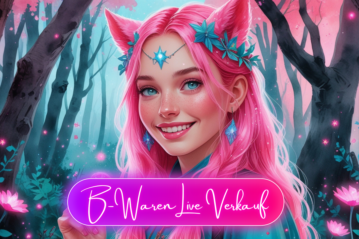 B-Waren Live Verkauf Logo auf weißem Hintergrund, Anzeige für den Online-Event, mit blauer Schrift und symbolischen Elementen