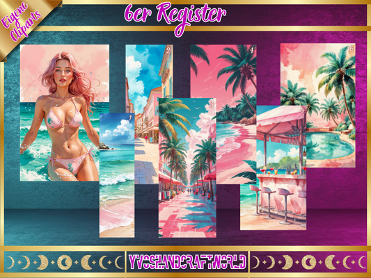 Urlaubs-Register von Mein Shop, offen mit mehreren Registerblättern und bunten Registeretiketten sichtbar.