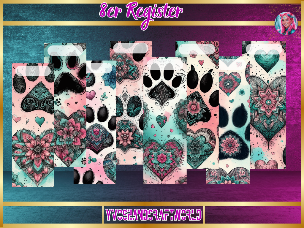 Hunderegister Paw and Love von Mein Shop, weiße Karte mit Pfotenabdruck und Herz, ideal für Tierliebhaber und Haustierbesitzer.