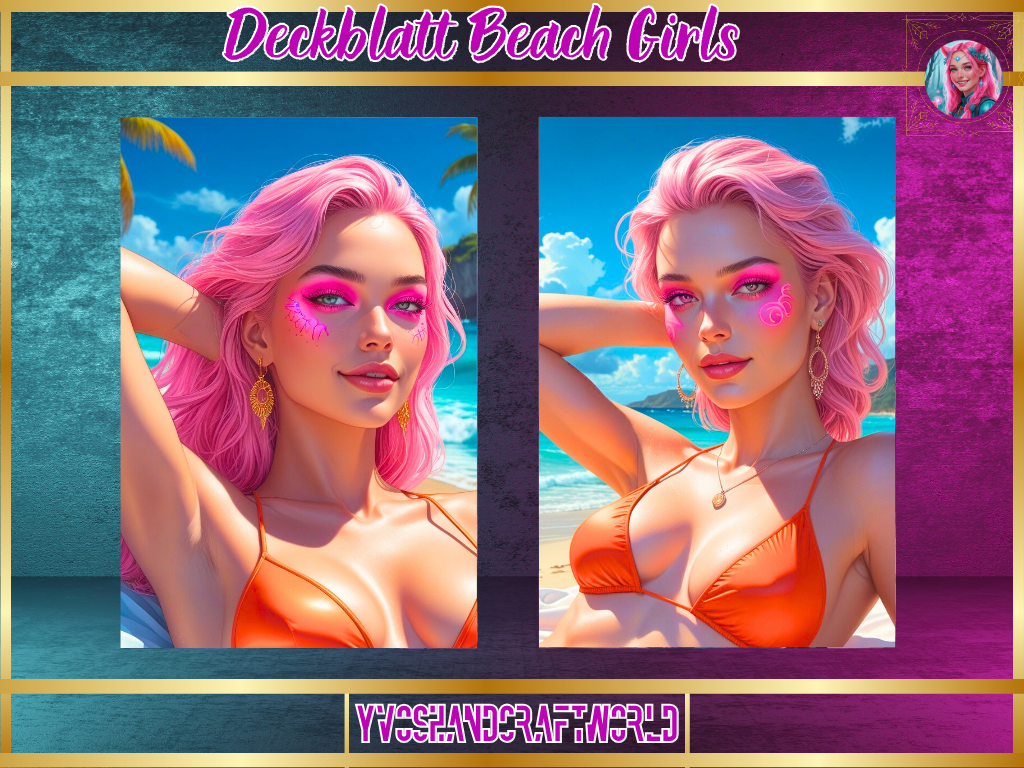 Deckblatt für Beach Girls von Mein Shop, farbenfrohes Design mit Sonnen, Meer und Strandmotiven, ideal für Sommerdekoration.