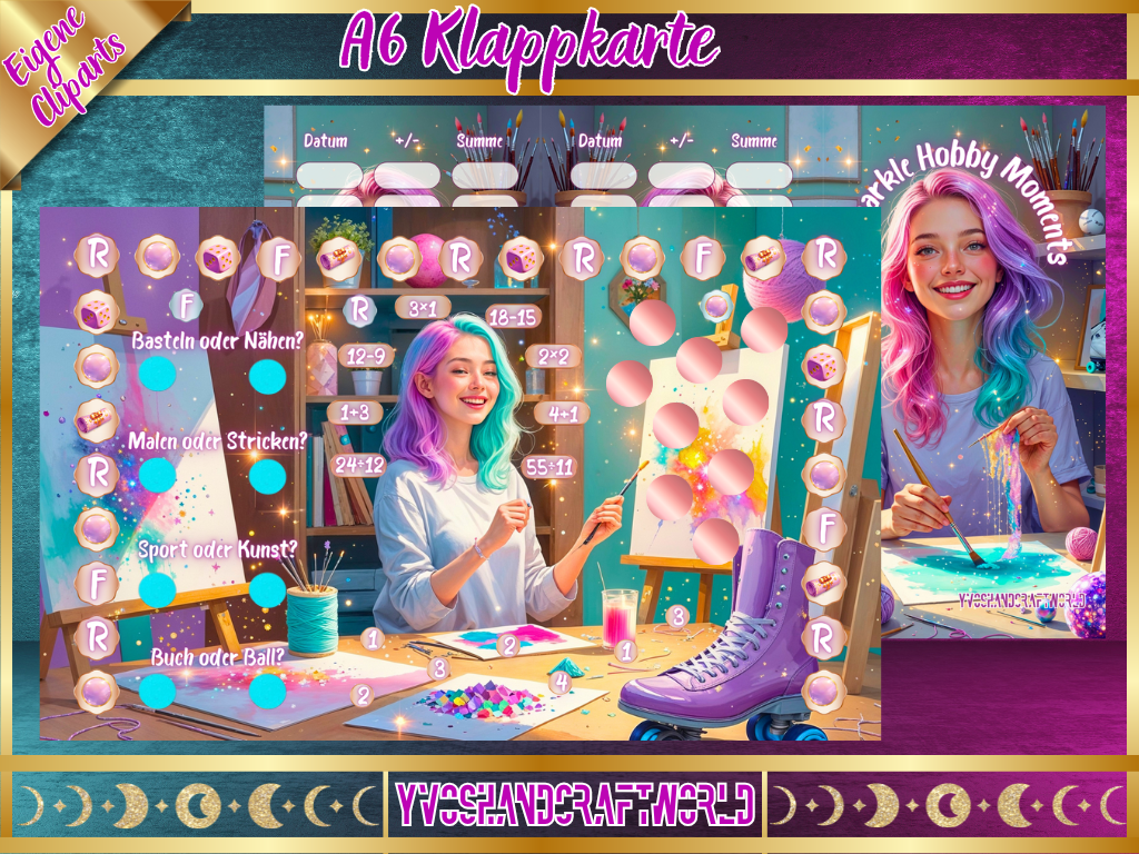 Bunte Sparkle Hobby Moments Klappkarte mit funkelndem Design und liebevollen Details, ideal für kreative Grüße und Anlässe