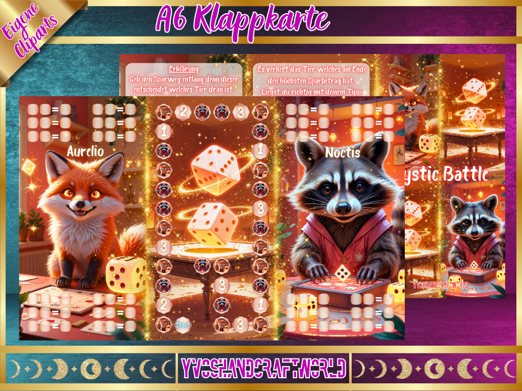 Mystic Battle Klappkarte von Mein Shop mit magischem Design und detaillierten Illustrationen, geöffnet, auf weißem Hintergrund.