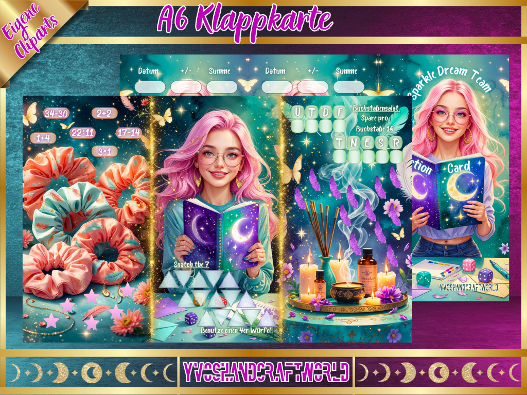 Bunte Klappkarte Sparkle Dream Team Teamchallenge von Mein Shop mit funkelndem Design und Team-Motiv, auf weißem Hintergrund.
