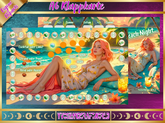 Klappkarte "Beach Night" von Mein Shop mit Strand- und Meeresmotiven, handgeschriebenem Text und dekorativem Design.