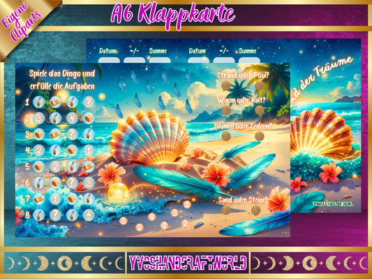 Bunte Klappkarte "Strand der Träume" mit sandfarbenem Strandmotiv, ideal für Grußkarten und Grüße.