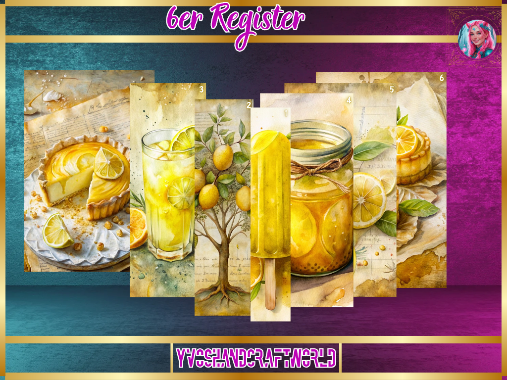 Vintage Lemon 6er Register von Mein Shop mit gelber Zitronen-Dekoration auf weißem Hintergrund