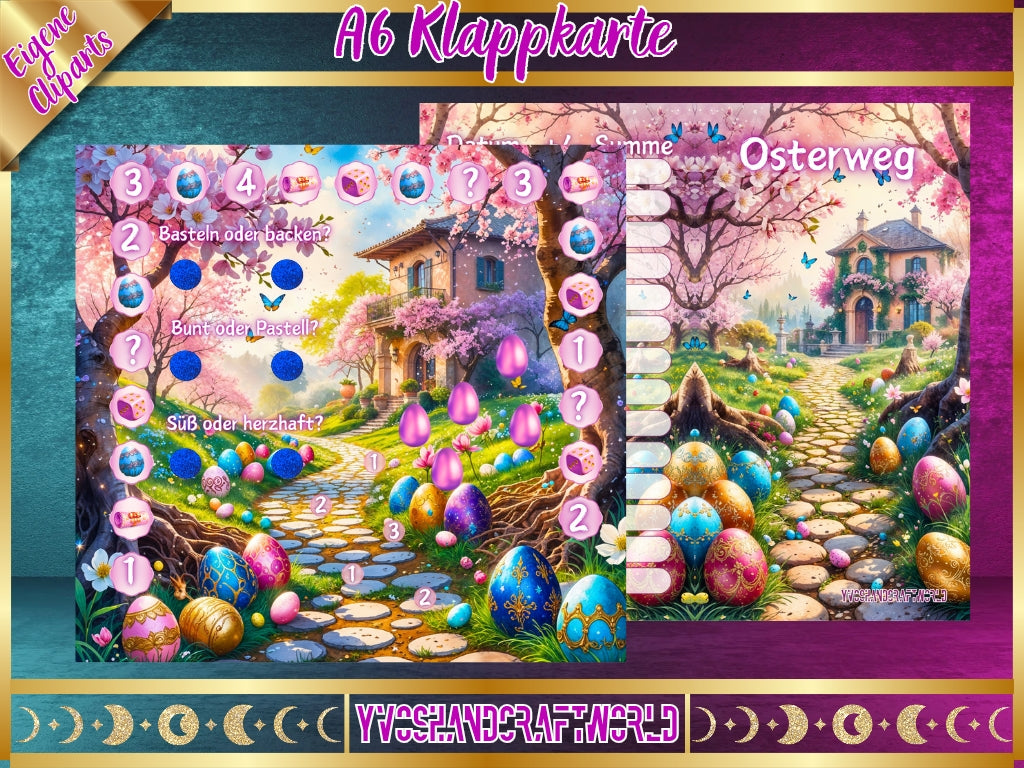 Osterweg aus Holz mit bunten Dekorationen und Osterhasen, ideal für den Frühling und Ostern, von Mein Shop.
