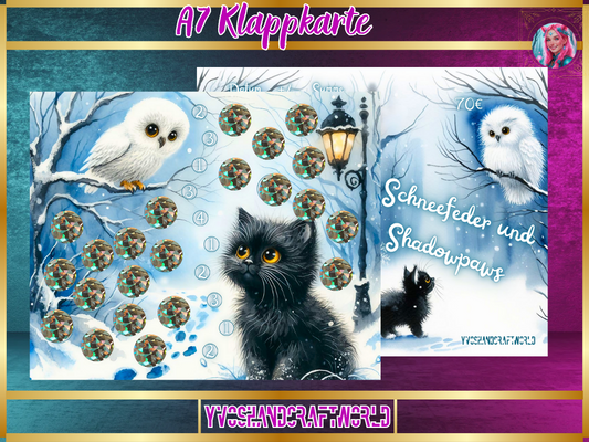 Schneefeder und Shadowpaws Klappkarte A7 mit winterlichem Design, weiße Schneefeder und Schattenpfoten auf hochwertigem Papier