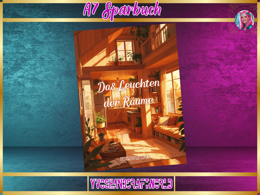 Sparbuch A7 mit Leucht-Design von Mein Shop, offene Ansicht mit sichtbarem Einsteckfach und leuchtendem Cover.