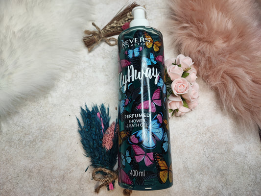Dusch- & Badegel Fly Away von Mein Shop in einer weißen Flasche mit blauer Kappe und floralem Design.