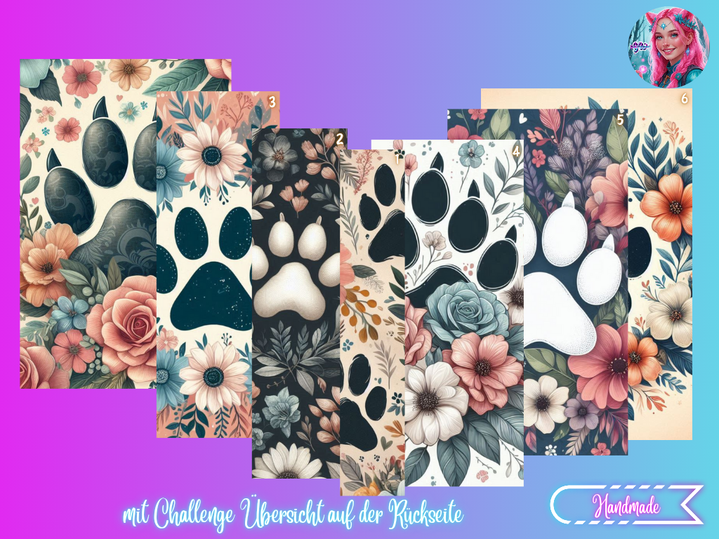Sechser Pack Hundepfoten-Register von Mein Shop, kreative und bunte Pfoten-Designs auf Papier mit bunten Farben.