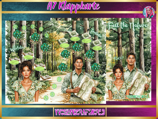 Klappkarte A7 von Feel the Nature mit Naturmotiven, gestaltet von Mein Shop, zeigt grüne Blätter und sanfte Farbverläufe