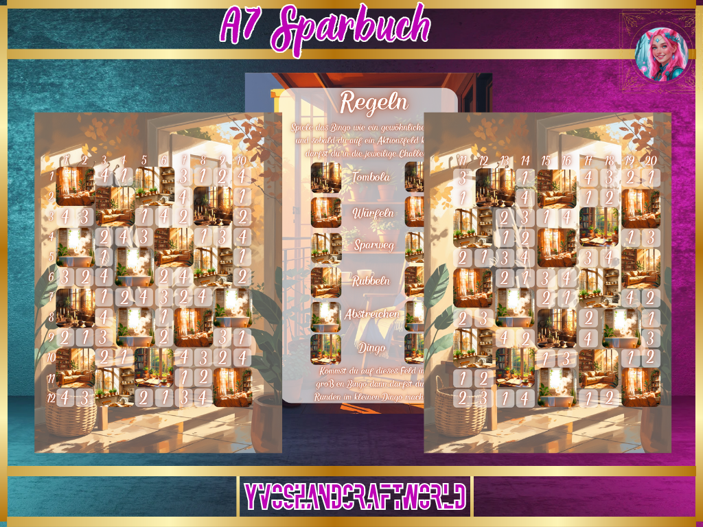 Sparbuch A7 mit Raumleuchten-Design von Mein Shop, sichtbare Seiten und dekoratives Leuchtmotiv auf dem Einlegeblatt