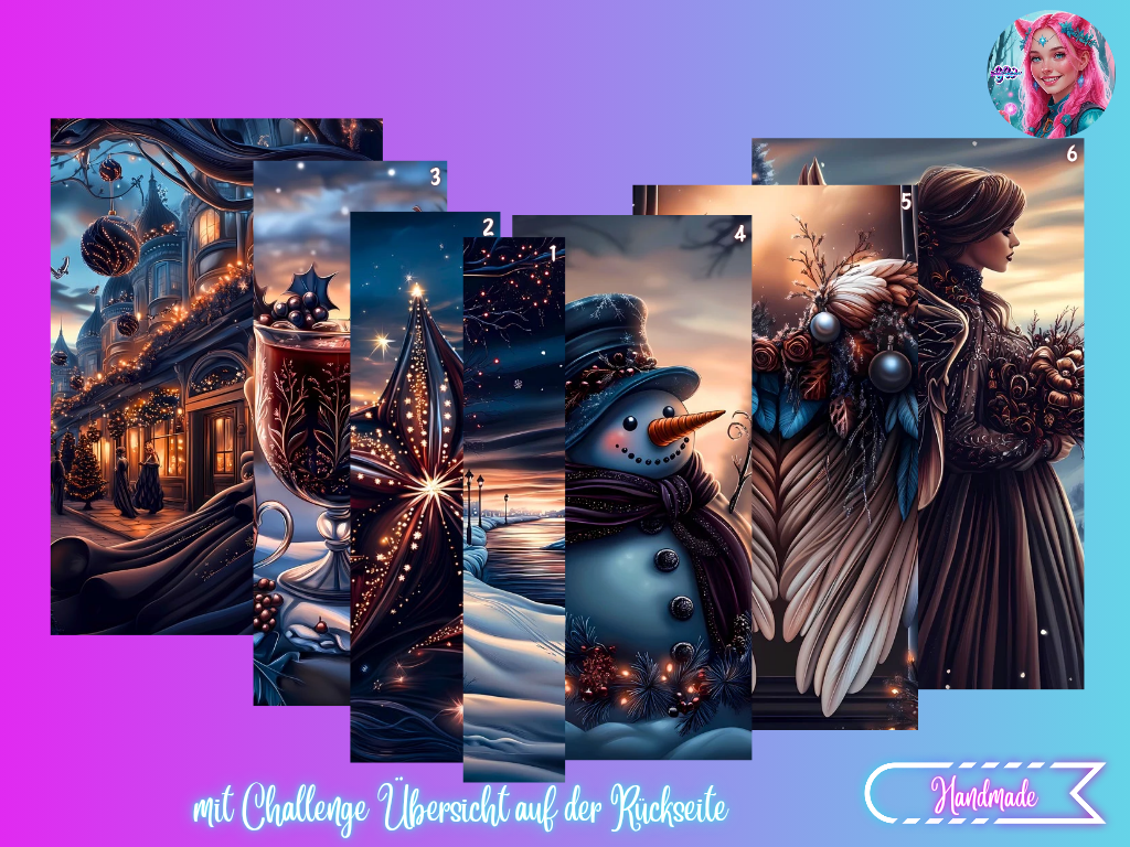 Sechs winterliche Dekorations-Register im Set, mit Schneeflocken und Weihnachtsmotiven, ideal für festliche Dekorationen