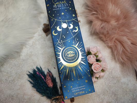 Räucherstäbchen Sacred Shield von Mein Shop, nahegelegene Packung mit Räucherstäbchen und dekorativem Verpackungsdesign