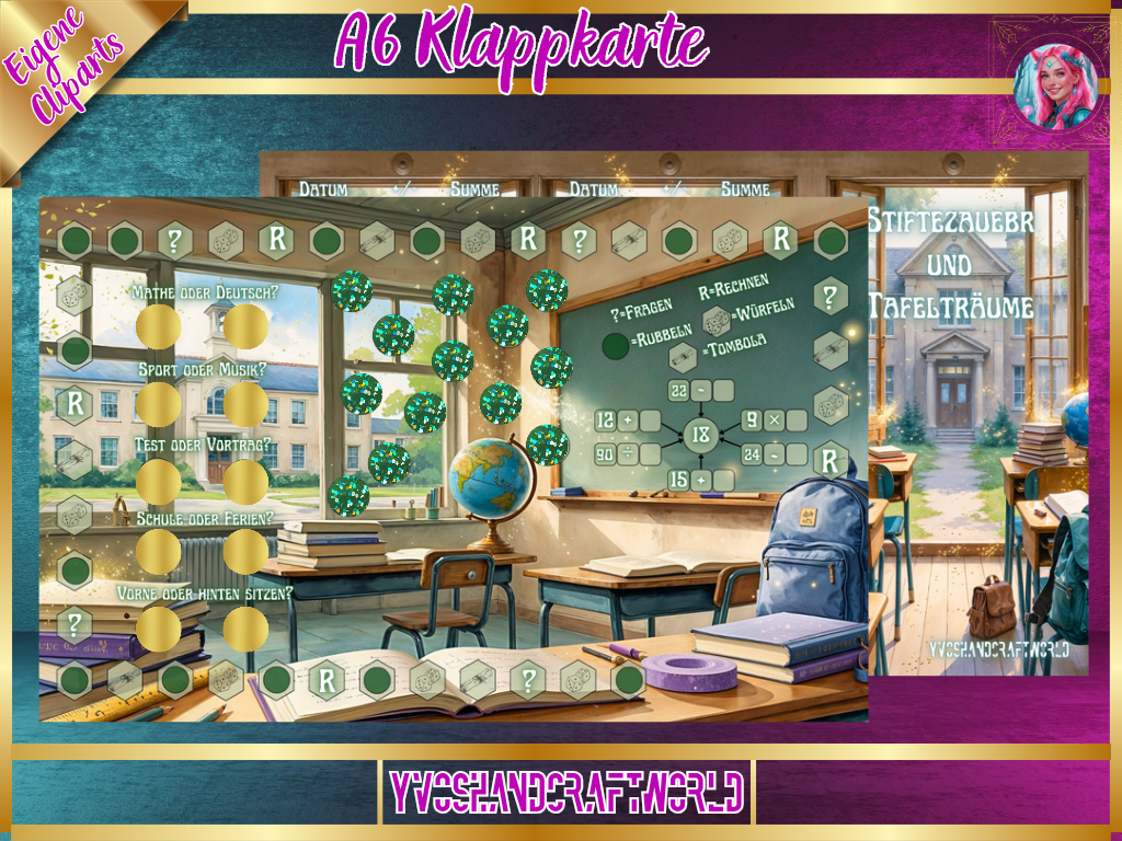 Bunte Klappkarte „Stiftezauber und Tafelträume“ mit fantasievollem Design, ideal für kreative Grüße oder besondere Anlässe