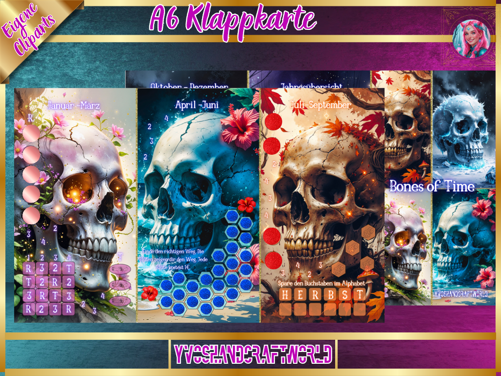 Jahreschallenge Klappkarte Bones of Time von Mein Shop mit kunstvollem Design und eleganter Gestaltung, offene Karte mit Motiv.
