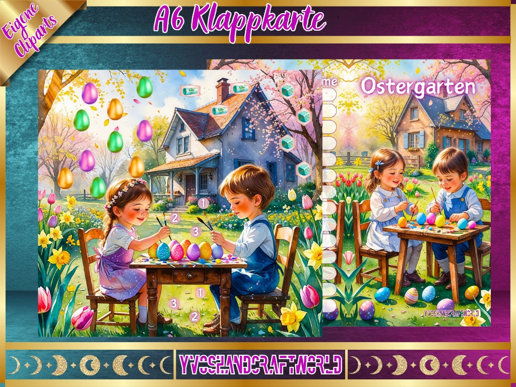 Ostergarten mit bunten Figuren und Szenen, passend für Ostern, von Mein Shop, detailreich und dekorativ.