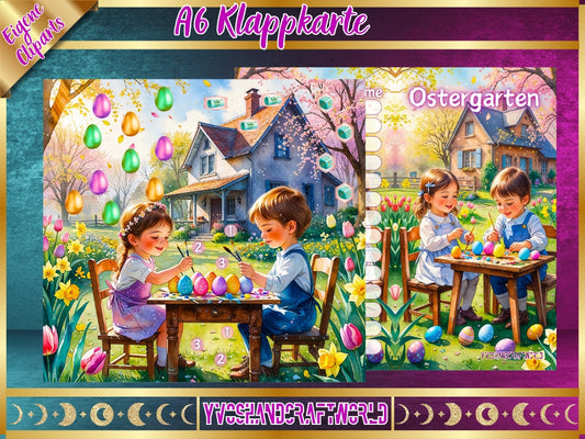 Ostergarten mit bunten Figuren und Szenen, passend für Ostern, von Mein Shop, detailreich und dekorativ.